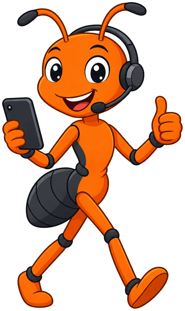 Answerant mascot wearing a headset and holding a phone.